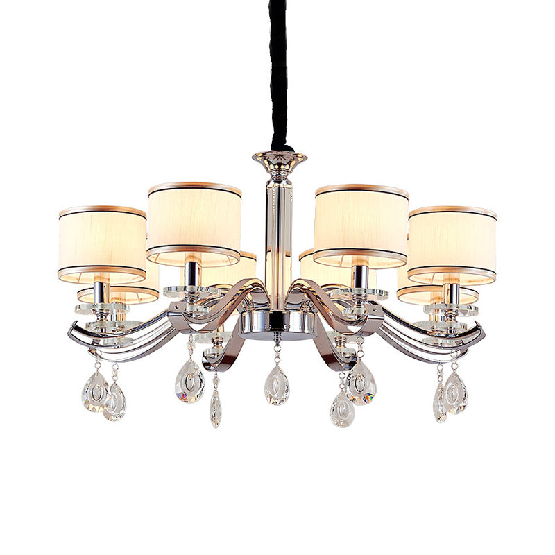 Chrome Finish 8 Bulbs Chandelier Lighting Modernism Metallic Curved Arm Pendant with Small Drum Fabric Shade Clearhalo 'Ceiling Lights' 'Chandeliers' 'Modern Chandeliers' 'Modern' Lighting' 963051