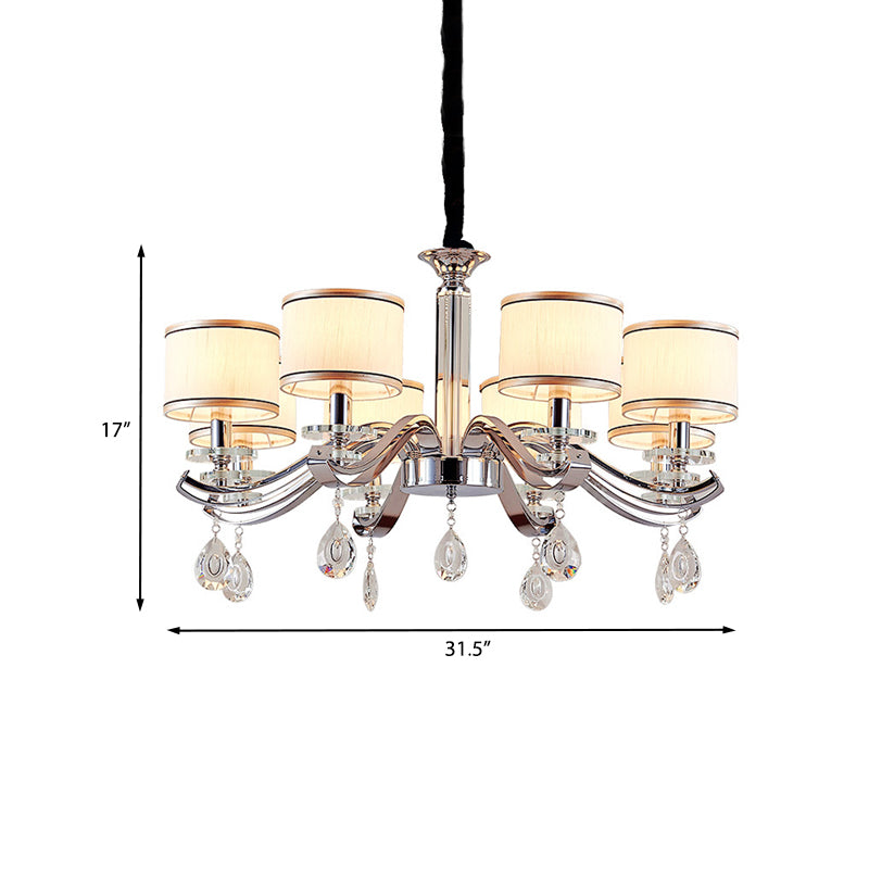 Chrome Finish 8 Bulbs Chandelier Lighting Modernism Metallic Curved Arm Pendant with Small Drum Fabric Shade Clearhalo 'Ceiling Lights' 'Chandeliers' 'Modern Chandeliers' 'Modern' Lighting' 963053