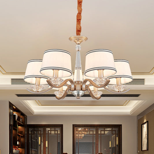 Fabric Barrel Ceiling Chandelier Modernist 6-Light Bedroom Suspension Lamp with Crystal Bobeche Gold Clearhalo 'Ceiling Lights' 'Chandeliers' 'Modern Chandeliers' 'Modern' Lighting' 963062