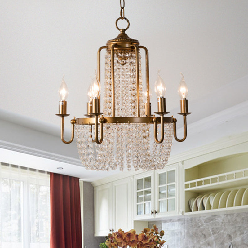 Crystal Strand Gold Chandelier Lighting Basket 6-Light Farmhouse Candle Hanging Pendant Clearhalo 'Ceiling Lights' 'Chandeliers' Lighting' options 963090