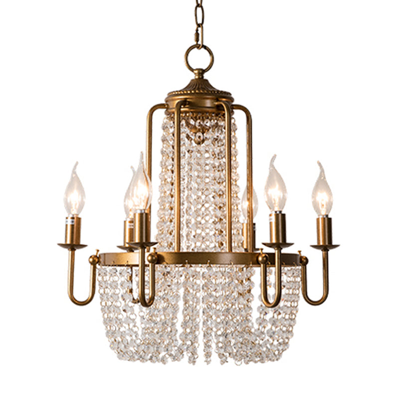 Crystal Strand Gold Chandelier Lighting Basket 6-Light Farmhouse Candle Hanging Pendant Clearhalo 'Ceiling Lights' 'Chandeliers' Lighting' options 963091