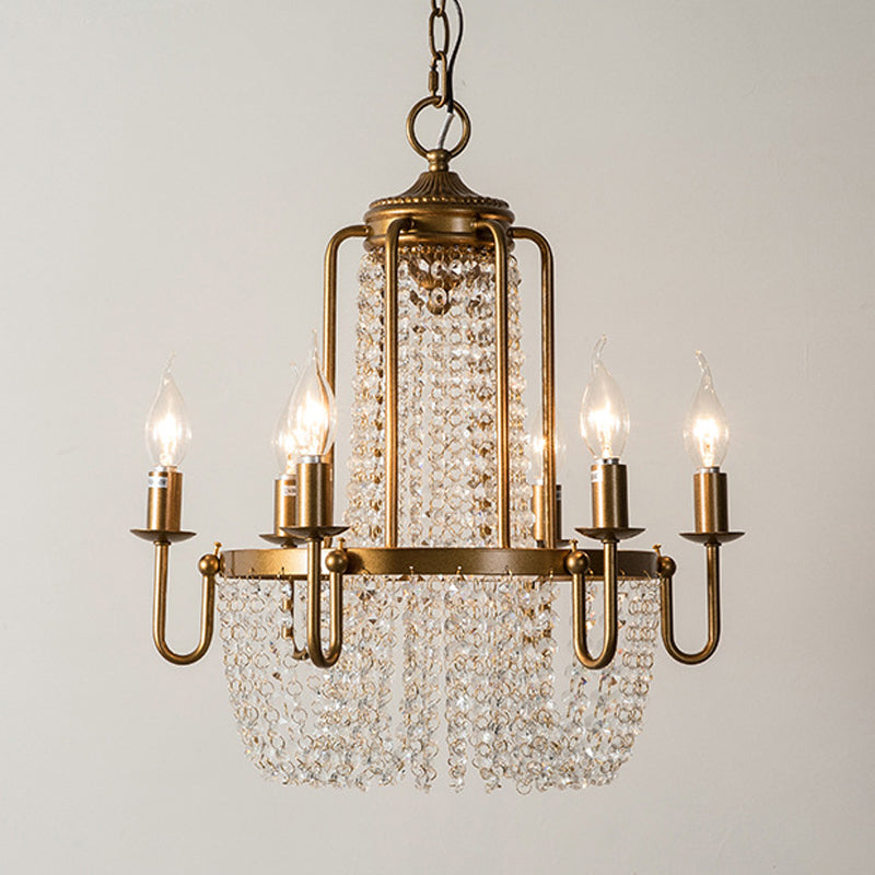 Crystal Strand Gold Chandelier Lighting Basket 6-Light Farmhouse Candle Hanging Pendant Clearhalo 'Ceiling Lights' 'Chandeliers' Lighting' options 963092