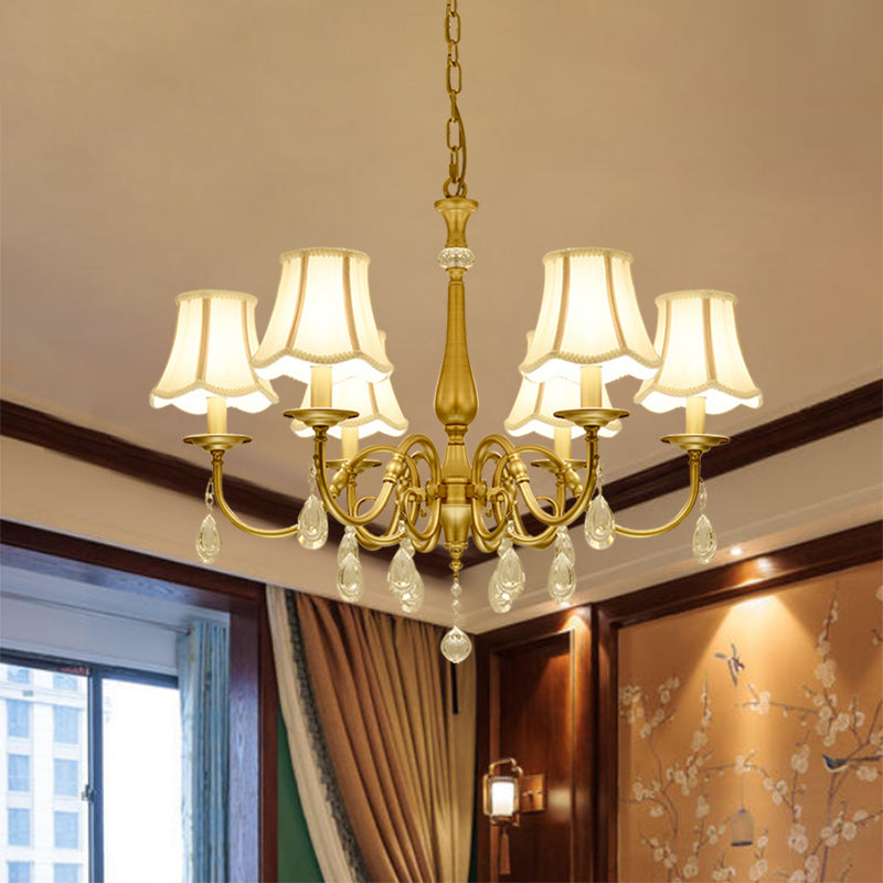 Curved Arm Living Room Pendant Vintage Metal 6-Head Brass Chandelier Light Fixture with Scalloped Fabric Shade Brass Clearhalo 'Ceiling Lights' 'Chandeliers' Lighting' options 963102_ff1ce9ee-a3c3-4ef8-a25b-bc27a32bcd2b