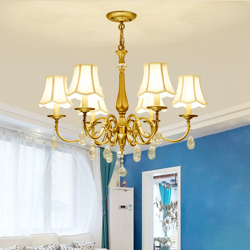 Curved Arm Living Room Pendant Vintage Metal 6-Head Brass Chandelier Light Fixture with Scalloped Fabric Shade Clearhalo 'Ceiling Lights' 'Chandeliers' Lighting' options 963103