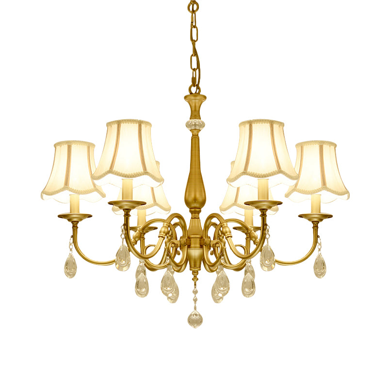 Curved Arm Living Room Pendant Vintage Metal 6-Head Brass Chandelier Light Fixture with Scalloped Fabric Shade Clearhalo 'Ceiling Lights' 'Chandeliers' Lighting' options 963104