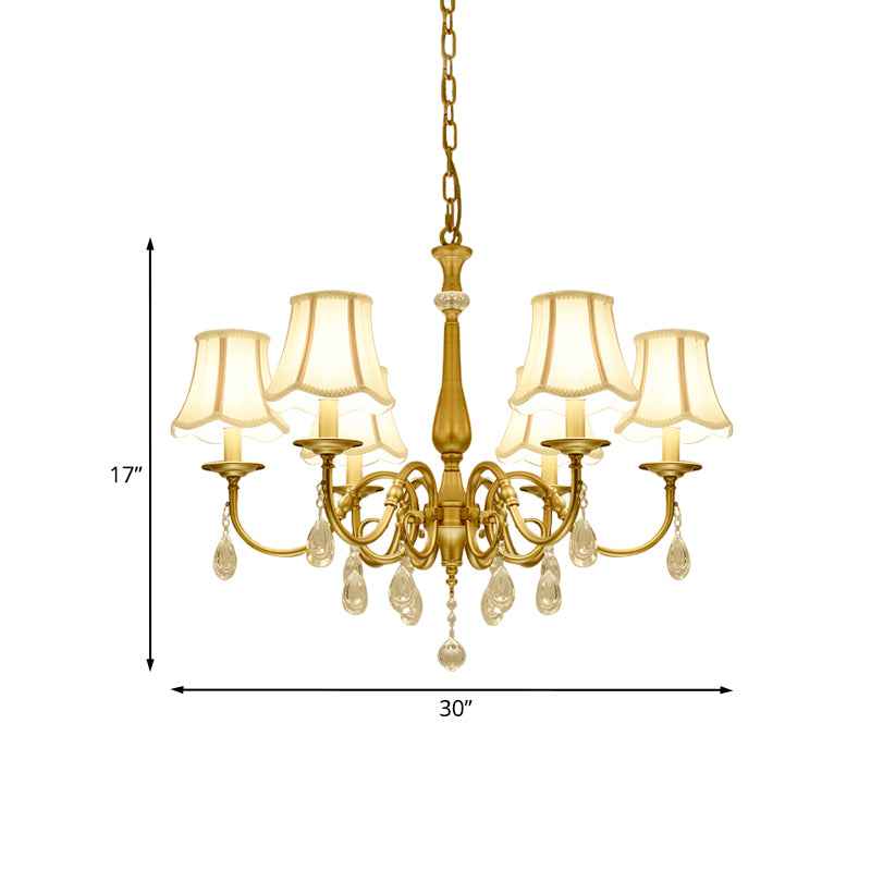 Curved Arm Living Room Pendant Vintage Metal 6-Head Brass Chandelier Light Fixture with Scalloped Fabric Shade Clearhalo 'Ceiling Lights' 'Chandeliers' Lighting' options 963105