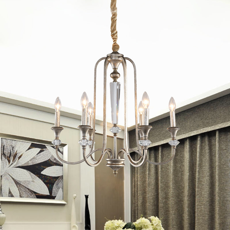 Aged Silver Candlestick Suspension Light Antiqued Metallic 6-Bulb Restaurant Chandelier Clearhalo 'Ceiling Lights' 'Chandeliers' Lighting' options 963114