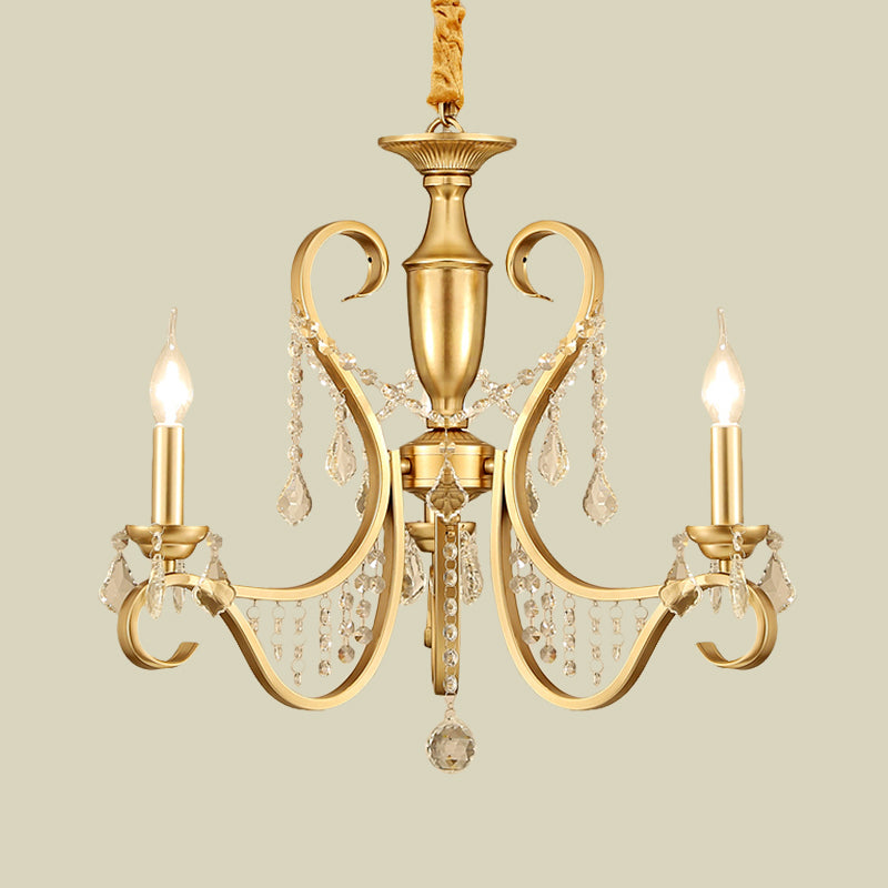 Gold 3-Light Ceiling Chandelier Countryside Metal Candelabra Pendant Lighting with Crystal Accent Clearhalo 'Ceiling Lights' 'Chandeliers' Lighting' options 963128