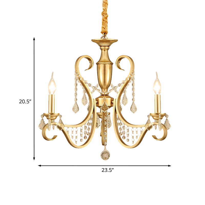 Gold 3-Light Ceiling Chandelier Countryside Metal Candelabra Pendant Lighting with Crystal Accent Clearhalo 'Ceiling Lights' 'Chandeliers' Lighting' options 963129