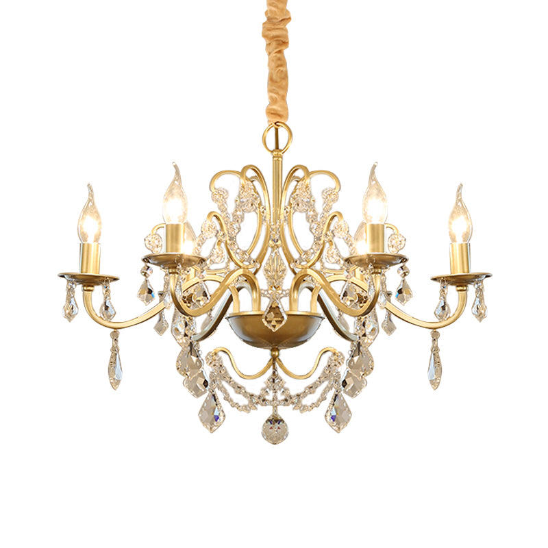 6 Bulbs Candle Hanging Chandelier Country Style Gold Finish Crystal Swag Pendulum Light Clearhalo 'Ceiling Lights' 'Chandeliers' Lighting' options 963132