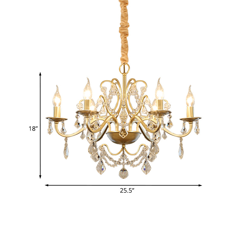 6 Bulbs Candle Hanging Chandelier Country Style Gold Finish Crystal Swag Pendulum Light Clearhalo 'Ceiling Lights' 'Chandeliers' Lighting' options 963133