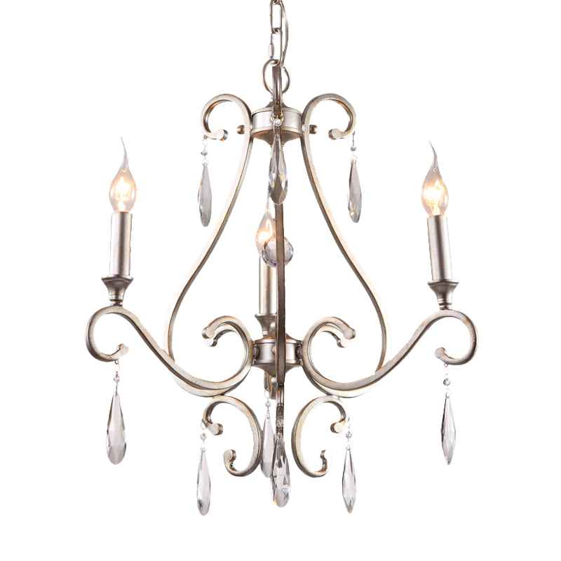 Crystal Teardrop Suspension Light Farmhouse 3 Heads Bedroom Candle Pendant Chandelier in Gold with Scroll Arm Clearhalo 'Ceiling Lights' 'Chandeliers' Lighting' options 963151