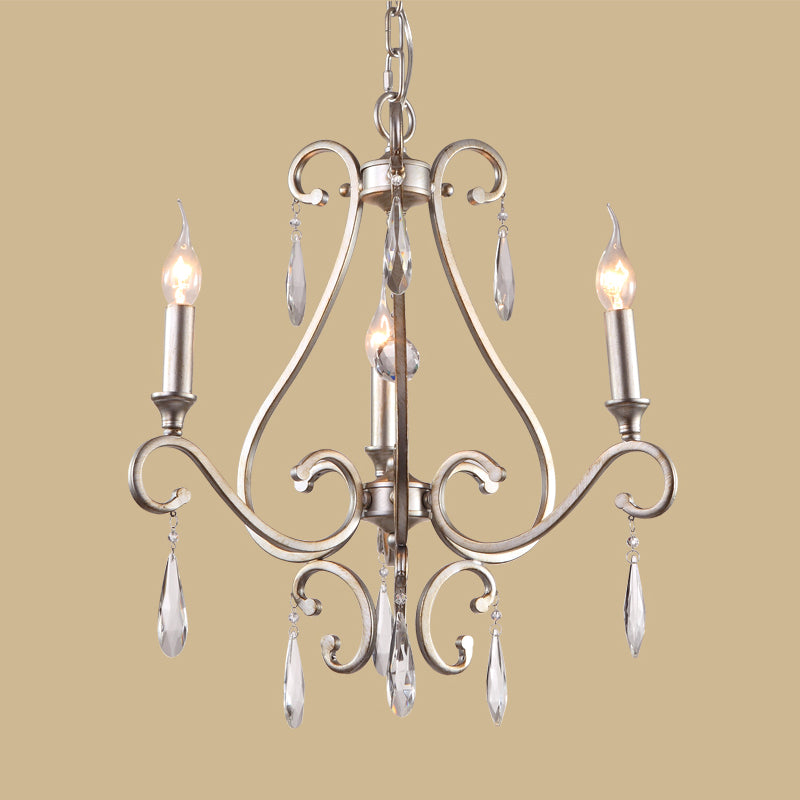 Crystal Teardrop Suspension Light Farmhouse 3 Heads Bedroom Candle Pendant Chandelier in Gold with Scroll Arm Clearhalo 'Ceiling Lights' 'Chandeliers' Lighting' options 963152