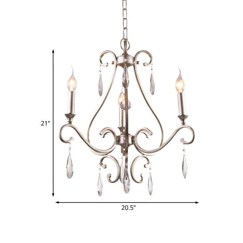 Crystal Teardrop Suspension Light Farmhouse 3 Heads Bedroom Candle Pendant Chandelier in Gold with Scroll Arm Clearhalo 'Ceiling Lights' 'Chandeliers' Lighting' options 963153