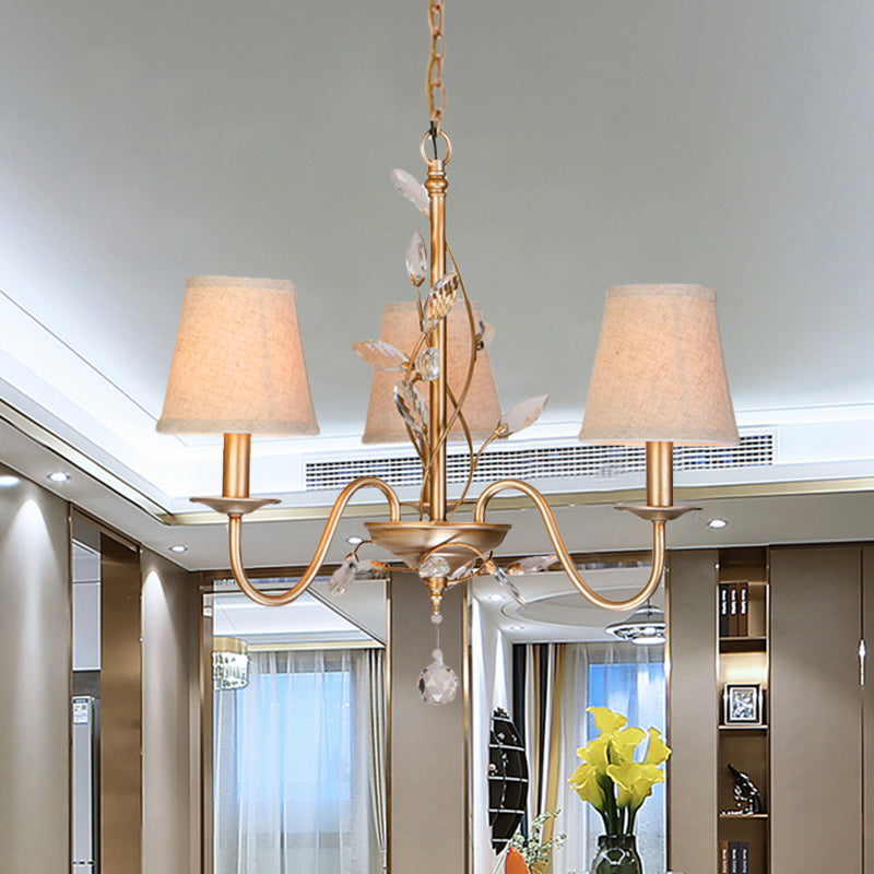 3 Lights Hanging Lighting Traditional Branch Faceted Crystal Chandelier Lamp in Gold with Barrel Burlap Shade Clearhalo 'Ceiling Lights' 'Chandeliers' Lighting' options 963162