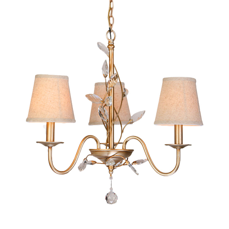 3 Lights Hanging Lighting Traditional Branch Faceted Crystal Chandelier Lamp in Gold with Barrel Burlap Shade Clearhalo 'Ceiling Lights' 'Chandeliers' Lighting' options 963164