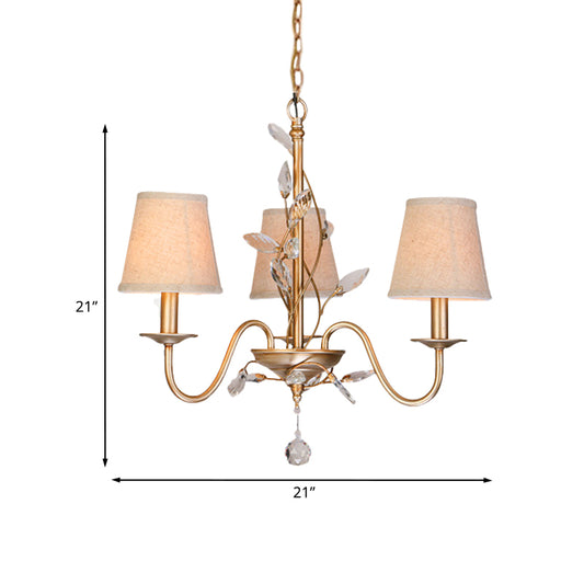 3 Lights Hanging Lighting Traditional Branch Faceted Crystal Chandelier Lamp in Gold with Barrel Burlap Shade Clearhalo 'Ceiling Lights' 'Chandeliers' Lighting' options 963165