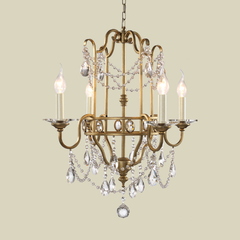 Farmhouse Candelabra Pendant Light Kit 4 Heads Crystal Swag Ceiling Chandelier in Gold Clearhalo 'Ceiling Lights' 'Chandeliers' Lighting' options 963176