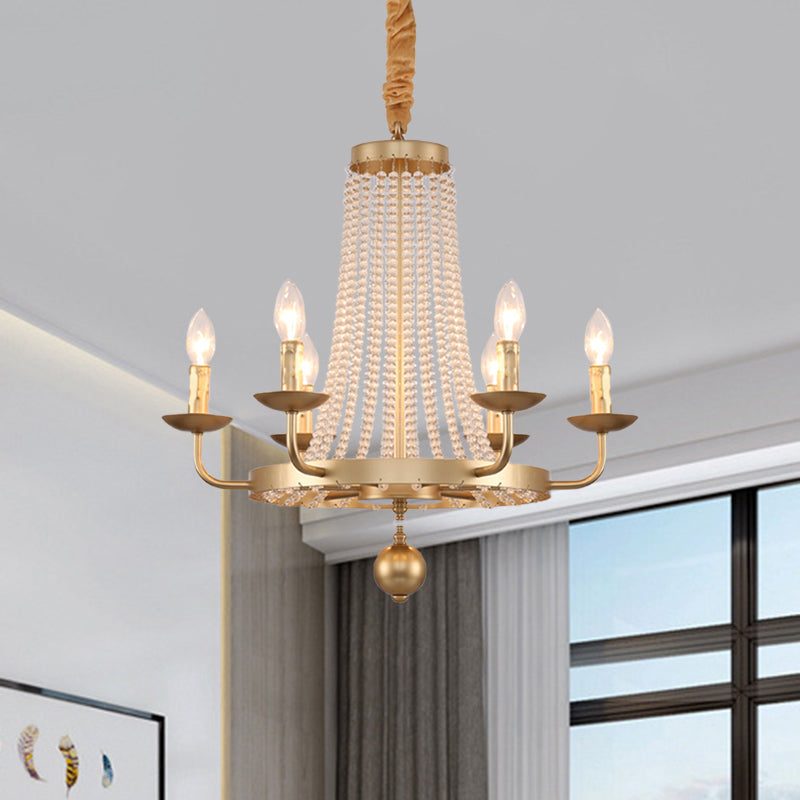 6-Light Ring Hanging Chandelier Country Style Gold Finish Crystal Strand Candle Ceiling Lamp Fixture Clearhalo 'Ceiling Lights' 'Chandeliers' Lighting' options 963210