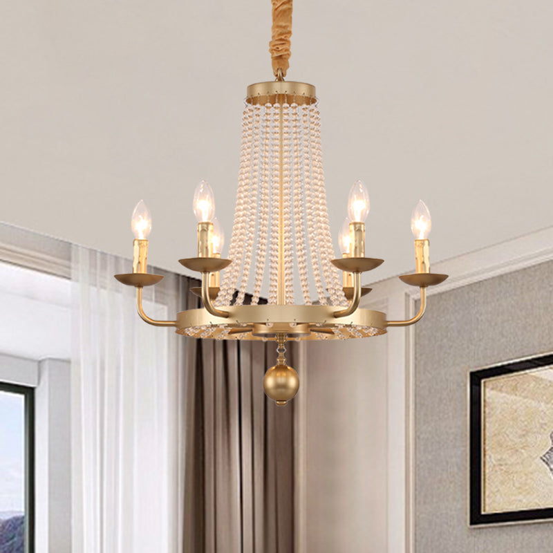 6-Light Ring Hanging Chandelier Country Style Gold Finish Crystal Strand Candle Ceiling Lamp Fixture Clearhalo 'Ceiling Lights' 'Chandeliers' Lighting' options 963211