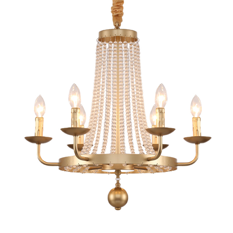 6-Light Ring Hanging Chandelier Country Style Gold Finish Crystal Strand Candle Ceiling Lamp Fixture Clearhalo 'Ceiling Lights' 'Chandeliers' Lighting' options 963212