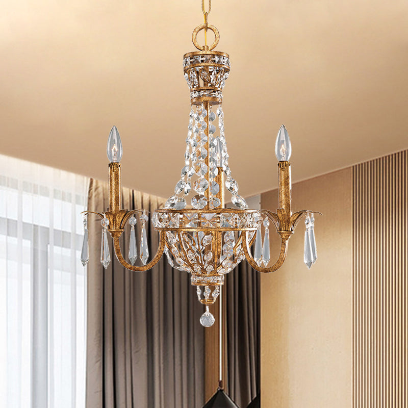 Retro Candelabra Chandelier Pendant Light 3-Head Metal Hanging Lamp Kit with Crystal Accent in Rust Clearhalo 'Ceiling Lights' 'Chandeliers' Lighting' options 963222