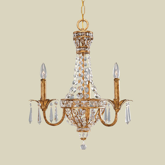 Retro Candelabra Chandelier Pendant Light 3-Head Metal Hanging Lamp Kit with Crystal Accent in Rust Clearhalo 'Ceiling Lights' 'Chandeliers' Lighting' options 963224