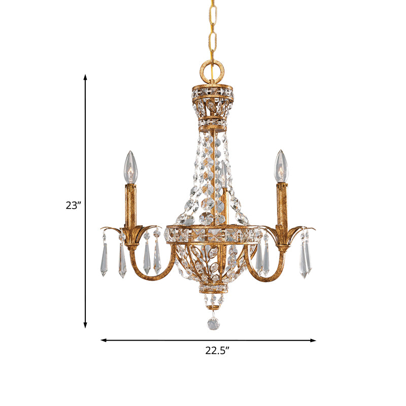 Retro Candelabra Chandelier Pendant Light 3-Head Metal Hanging Lamp Kit with Crystal Accent in Rust Clearhalo 'Ceiling Lights' 'Chandeliers' Lighting' options 963225