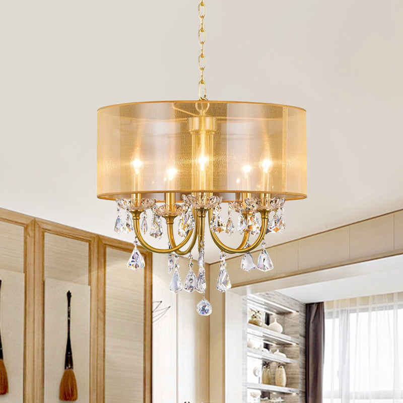 Clear Crystal Glass Candle Ceiling Pendant Light Warehouse 5 Lights Dining Room Chandelier with Drum Threaded Silk Shade in Brass Clearhalo 'Ceiling Lights' 'Chandeliers' Lighting' options 963233