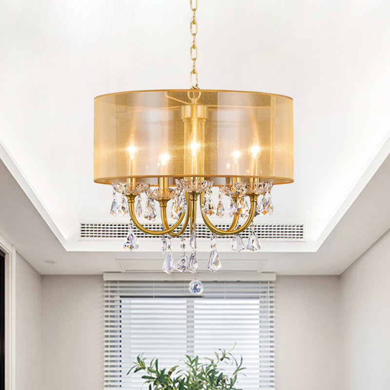 Clear Crystal Glass Candle Ceiling Pendant Light Warehouse 5 Lights Dining Room Chandelier with Drum Threaded Silk Shade in Brass Clearhalo 'Ceiling Lights' 'Chandeliers' Lighting' options 963234