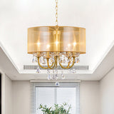 Clear Crystal Glass Candle Ceiling Pendant Light Warehouse 5 Lights Dining Room Chandelier with Drum Threaded Silk Shade in Brass Clearhalo 'Ceiling Lights' 'Chandeliers' Lighting' options 963234