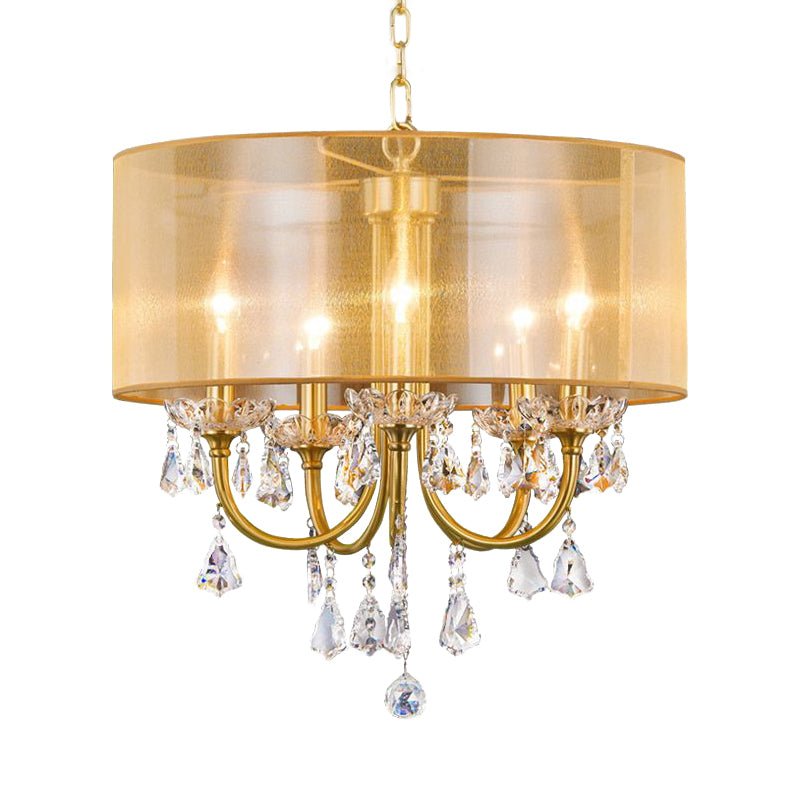 Clear Crystal Glass Candle Ceiling Pendant Light Warehouse 5 Lights Dining Room Chandelier with Drum Threaded Silk Shade in Brass Clearhalo 'Ceiling Lights' 'Chandeliers' Lighting' options 963235