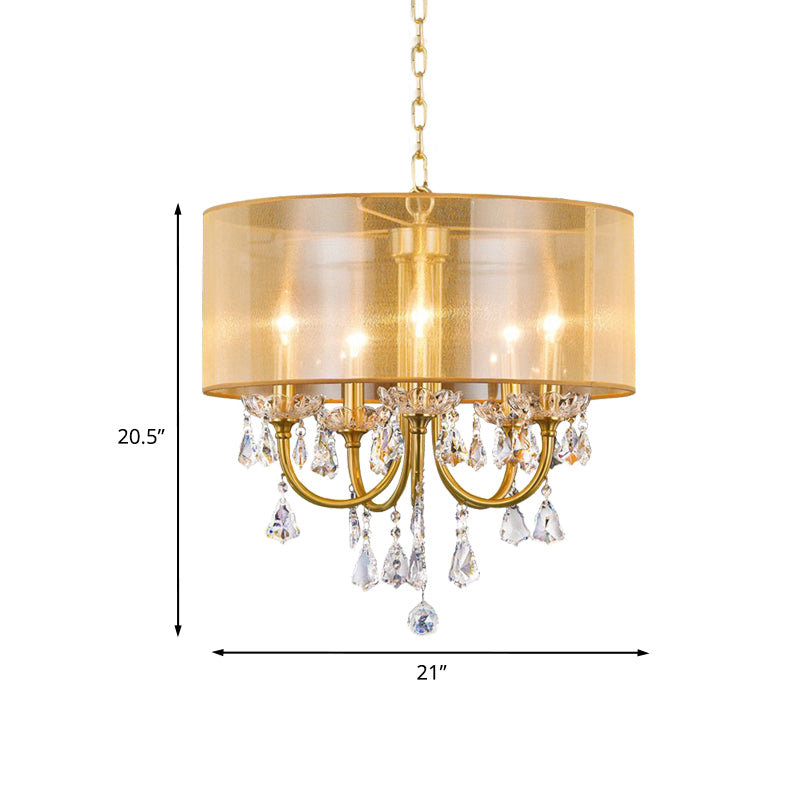 Clear Crystal Glass Candle Ceiling Pendant Light Warehouse 5 Lights Dining Room Chandelier with Drum Threaded Silk Shade in Brass Clearhalo 'Ceiling Lights' 'Chandeliers' Lighting' options 963236