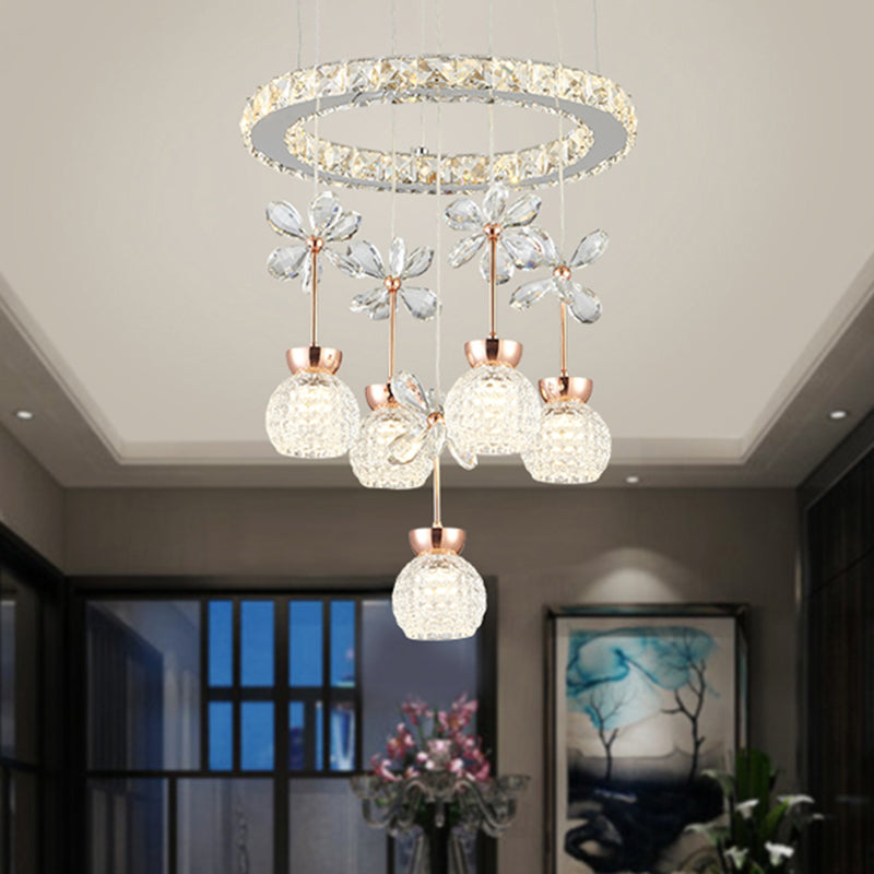 Chrome LED Hanging Lighting Modernist Clear Beveled Crystal Dome and Ring Pendulum Lamp with Flower Design Clearhalo 'Ceiling Lights' 'Modern Pendants' 'Modern' 'Pendant Lights' 'Pendants' Lighting' 963266