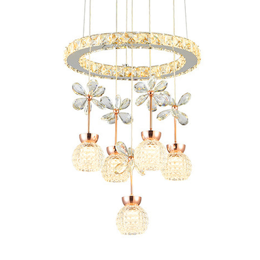 Chrome LED Hanging Lighting Modernist Clear Beveled Crystal Dome and Ring Pendulum Lamp with Flower Design Clearhalo 'Ceiling Lights' 'Modern Pendants' 'Modern' 'Pendant Lights' 'Pendants' Lighting' 963267