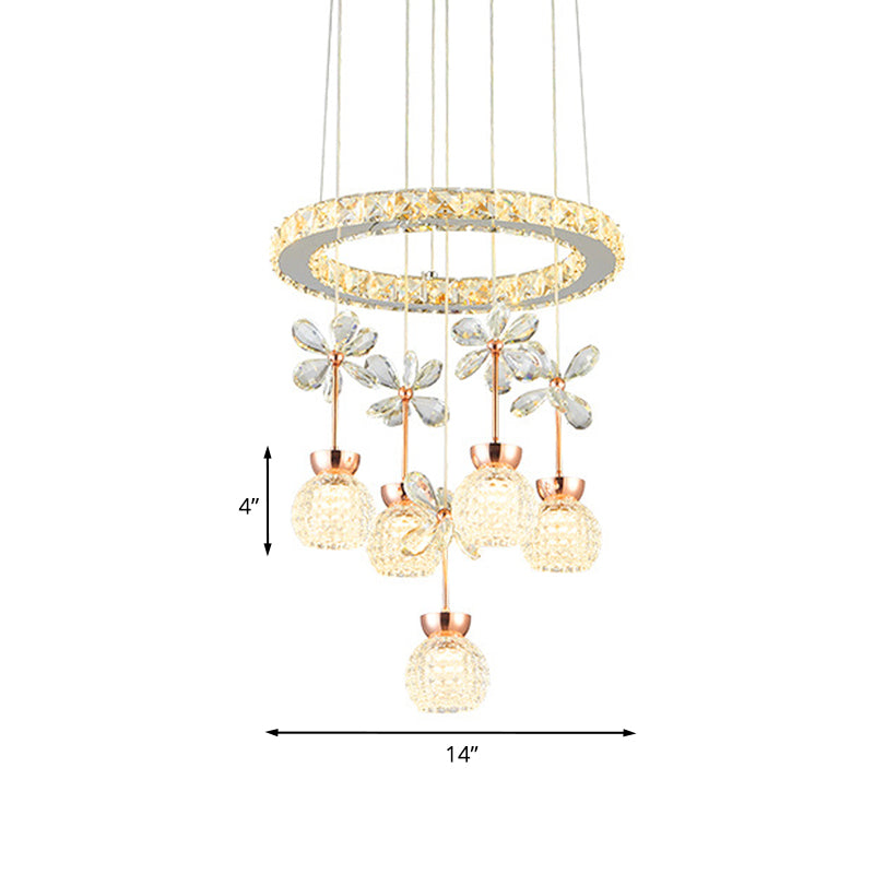 Chrome LED Hanging Lighting Modernist Clear Beveled Crystal Dome and Ring Pendulum Lamp with Flower Design Clearhalo 'Ceiling Lights' 'Modern Pendants' 'Modern' 'Pendant Lights' 'Pendants' Lighting' 963268