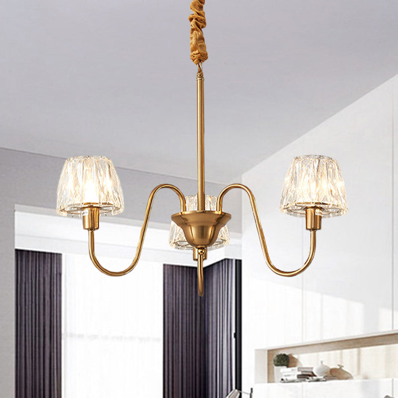 3/6 Bulbs Conical Chandelier Lighting Contemporary Gold Finish Faceted Crystal Pendulum Lamp with Gooseneck Arm Clearhalo 'Ceiling Lights' 'Chandeliers' 'Modern Chandeliers' 'Modern' Lighting' 963380