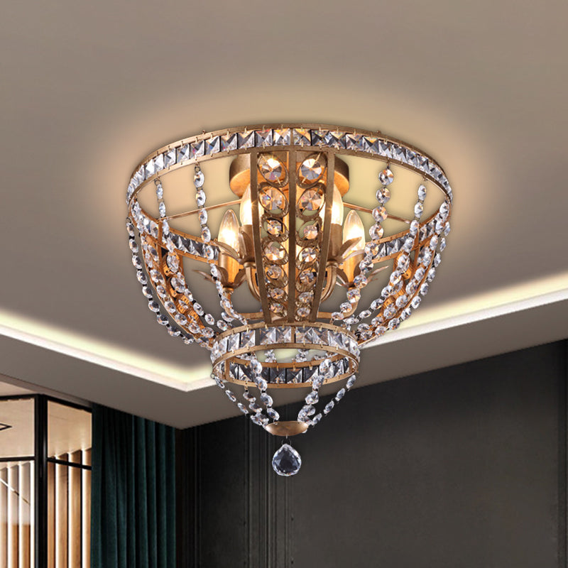 Farmhouse Bowl Frame Flushmount Light 5 Heads Crystal Swag Ceiling Mounted Fixture in Gold Clearhalo 'Ceiling Lights' 'Close To Ceiling Lights' 'Close to ceiling' 'Flush mount' Lighting' 963474