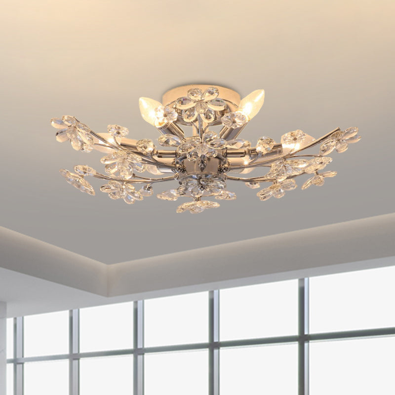 Chrome Finish Branch Semi Flush Lighting Modernist 6 Lights Flower Crystal Flush Mount Chrome Clearhalo 'Ceiling Lights' 'Close To Ceiling Lights' 'Close to ceiling' 'Semi-flushmount' Lighting' 963519