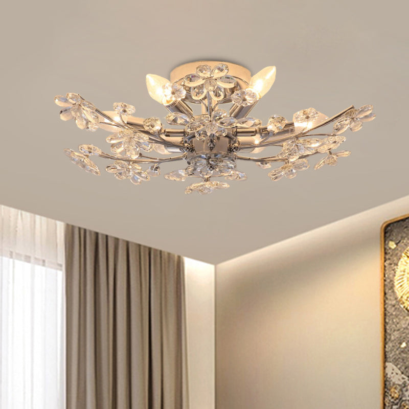 Chrome Finish Branch Semi Flush Lighting Modernist 6 Lights Flower Crystal Flush Mount Clearhalo 'Ceiling Lights' 'Close To Ceiling Lights' 'Close to ceiling' 'Semi-flushmount' Lighting' 963520