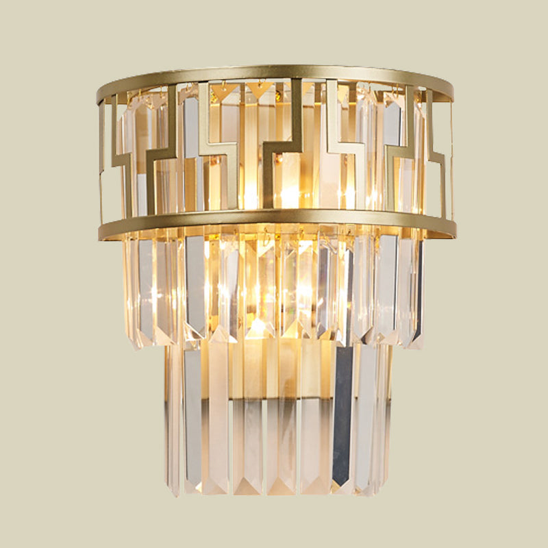 Tiered Bedside Flush Wall Sconce Rectangle-Cut Crystal 2 Lights Modern Wall Lamp in Gold Clearhalo 'Cast Iron' 'Glass' 'Industrial' 'Modern wall lights' 'Modern' 'Tiffany' 'Traditional wall lights' 'Wall Lamps & Sconces' 'Wall Lights' Lighting' 963545