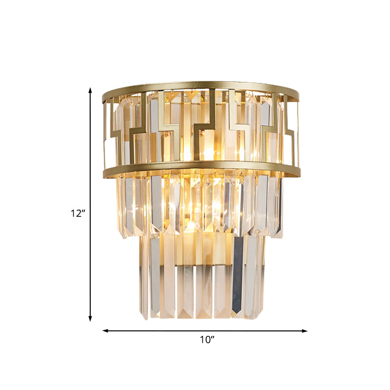 Tiered Bedside Flush Wall Sconce Rectangle-Cut Crystal 2 Lights Modern Wall Lamp in Gold Clearhalo 'Cast Iron' 'Glass' 'Industrial' 'Modern wall lights' 'Modern' 'Tiffany' 'Traditional wall lights' 'Wall Lamps & Sconces' 'Wall Lights' Lighting' 963546