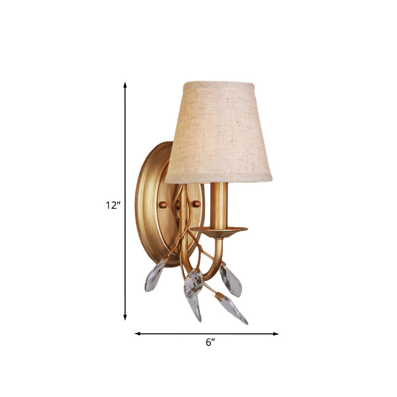 1-Light Barrel Wall Mount Lighting Country Style Gold Finish Fabric Wall Lamp with Branch Crystal Deco Clearhalo 'Wall Lamps & Sconces' 'Wall Lights' Lighting' 963558