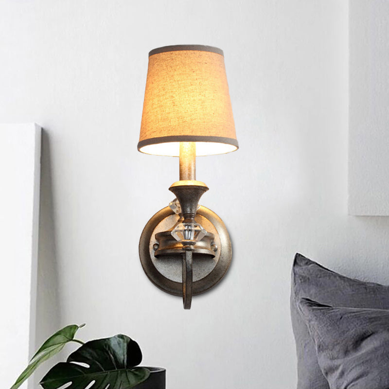 Aged Silver Barrel Wall Lighting Idea Countryside Fabric 1-Head Bedroom Candle Wall Mounted Lamp Aged Silver Clearhalo 'Wall Lamps & Sconces' 'Wall Lights' Lighting' 963564