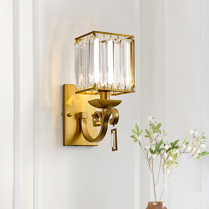 Modernist Cuboid Wall Light Sconce 1-Bulb Crystal Block Wall Mount Lamp Fixture in Brass Brass Clearhalo 'Cast Iron' 'Glass' 'Industrial' 'Modern wall lights' 'Modern' 'Tiffany' 'Traditional wall lights' 'Wall Lamps & Sconces' 'Wall Lights' Lighting' 963573