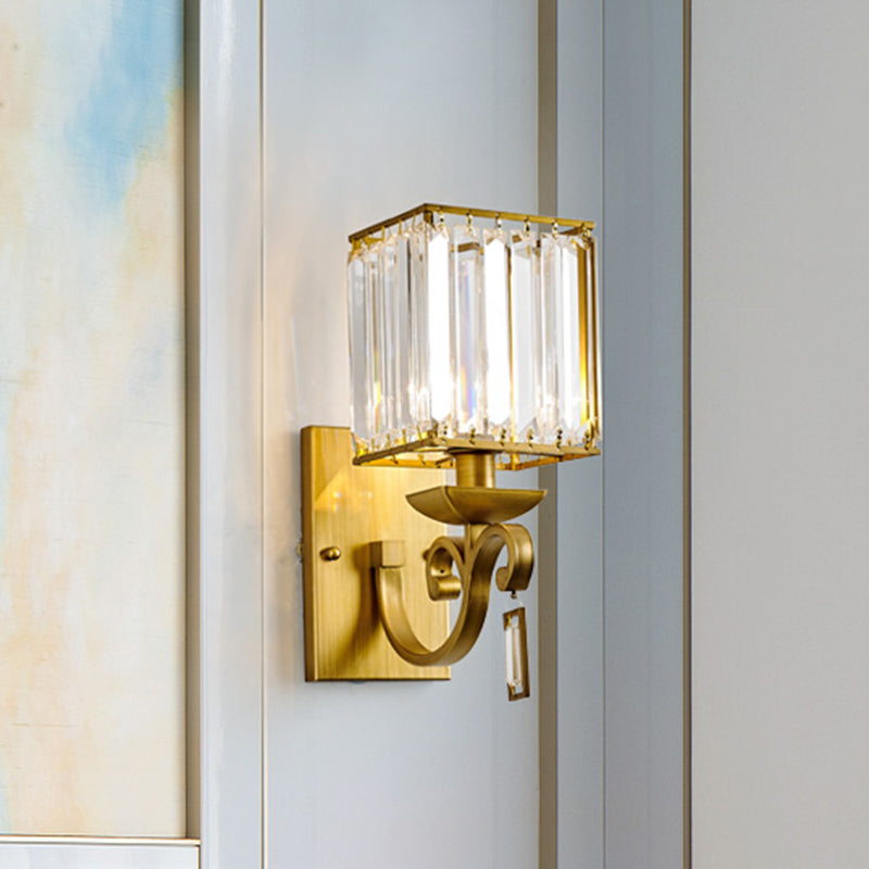 Modernist Cuboid Wall Light Sconce 1-Bulb Crystal Block Wall Mount Lamp Fixture in Brass Clearhalo 'Cast Iron' 'Glass' 'Industrial' 'Modern wall lights' 'Modern' 'Tiffany' 'Traditional wall lights' 'Wall Lamps & Sconces' 'Wall Lights' Lighting' 963574