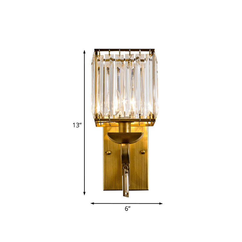 Modernist Cuboid Wall Light Sconce 1-Bulb Crystal Block Wall Mount Lamp Fixture in Brass Clearhalo 'Cast Iron' 'Glass' 'Industrial' 'Modern wall lights' 'Modern' 'Tiffany' 'Traditional wall lights' 'Wall Lamps & Sconces' 'Wall Lights' Lighting' 963576