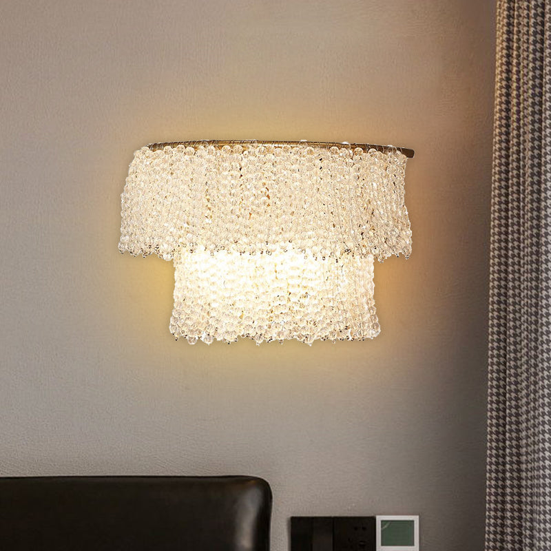 Crystal Bead Strand 2-Layer Sconce Lamp Modernism 2 Lights Bedside Wall Lighting in Gold Gold Clearhalo 'Cast Iron' 'Glass' 'Industrial' 'Modern wall lights' 'Modern' 'Tiffany' 'Traditional wall lights' 'Wall Lamps & Sconces' 'Wall Lights' Lighting' 963577