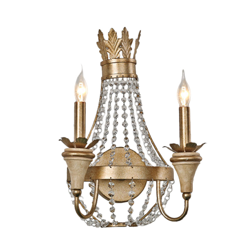 2 Bulbs Wall Sconce Lighting Farmhouse Crystal Strand Candelabra Wall Mounted Lamp in Gold Clearhalo 'Wall Lamps & Sconces' 'Wall Lights' Lighting' 963591