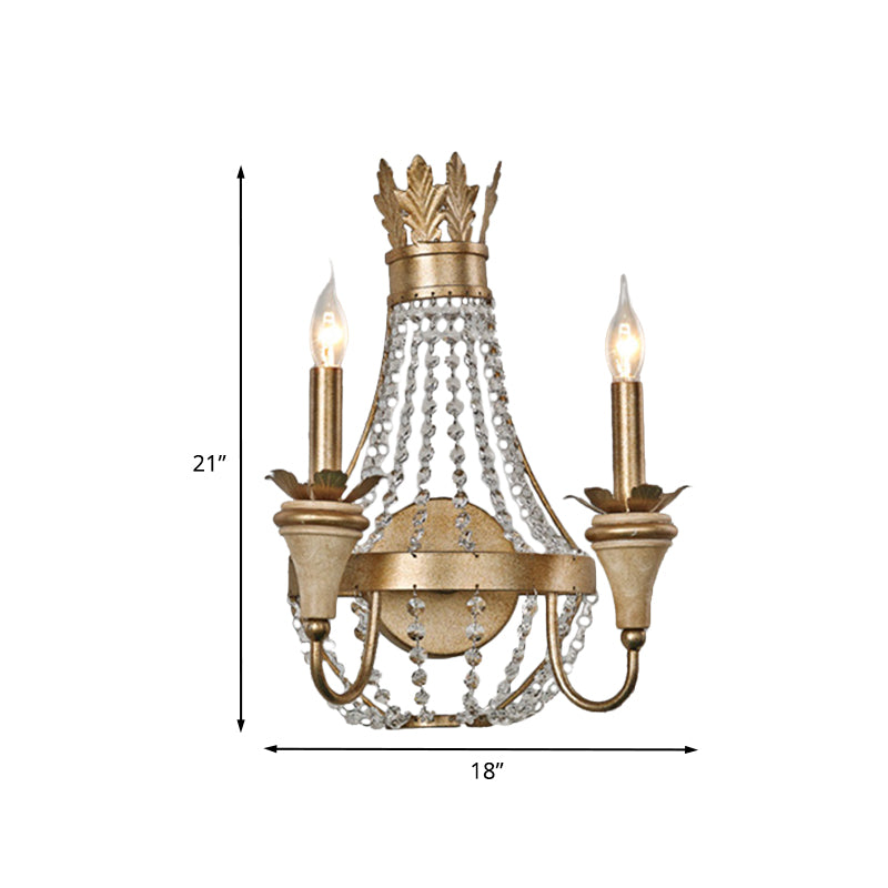 2 Bulbs Wall Sconce Lighting Farmhouse Crystal Strand Candelabra Wall Mounted Lamp in Gold Clearhalo 'Wall Lamps & Sconces' 'Wall Lights' Lighting' 963592